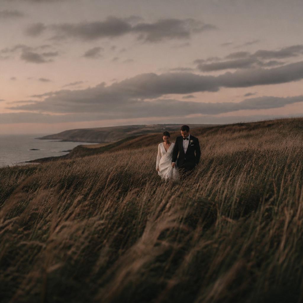 Couple walking through coastal grass at blue hour